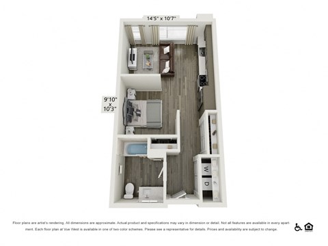 Floor plan for studio, 1 bath, 584 sqft